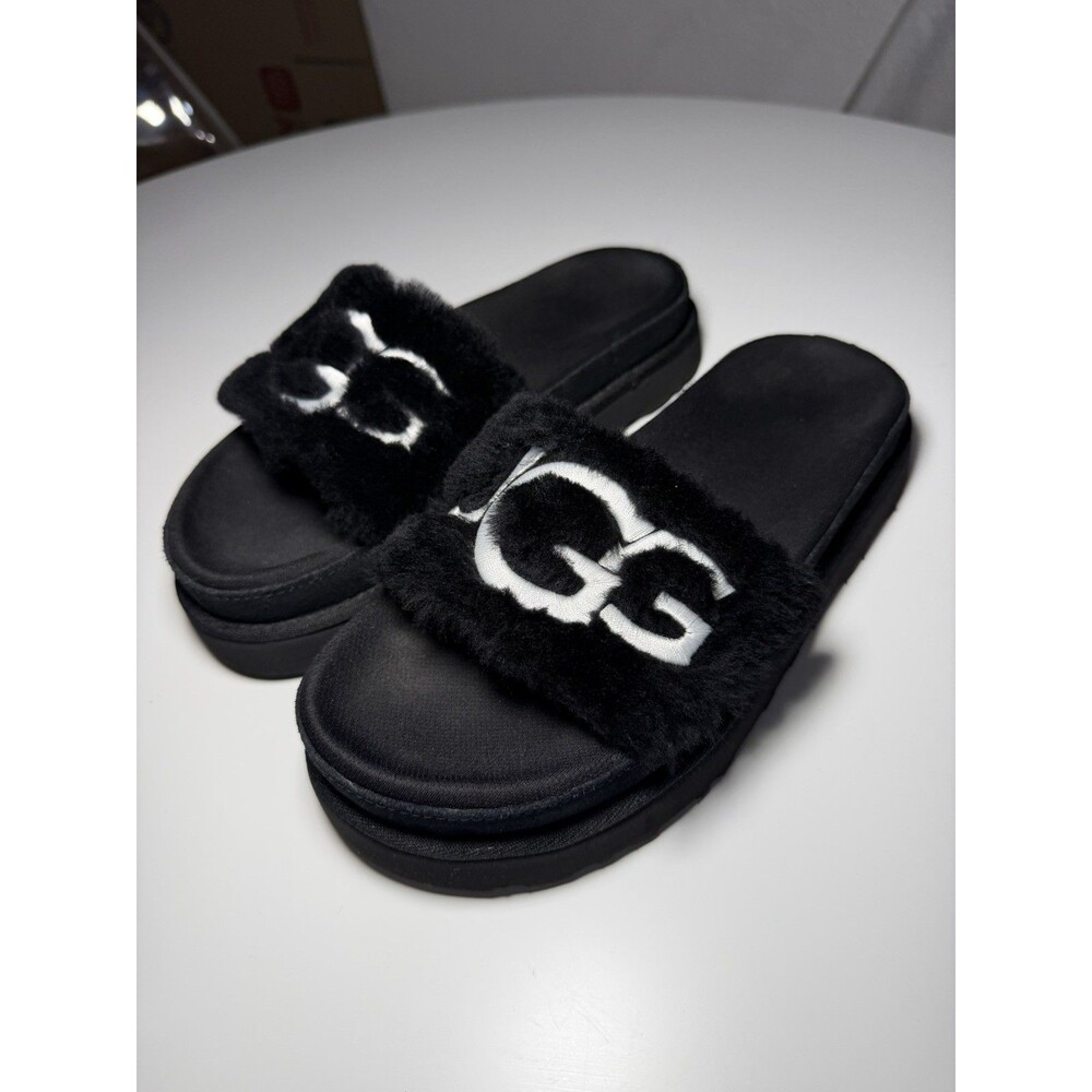 UGG Black Fluffy Fur Logo Platform Slides Women Size 7